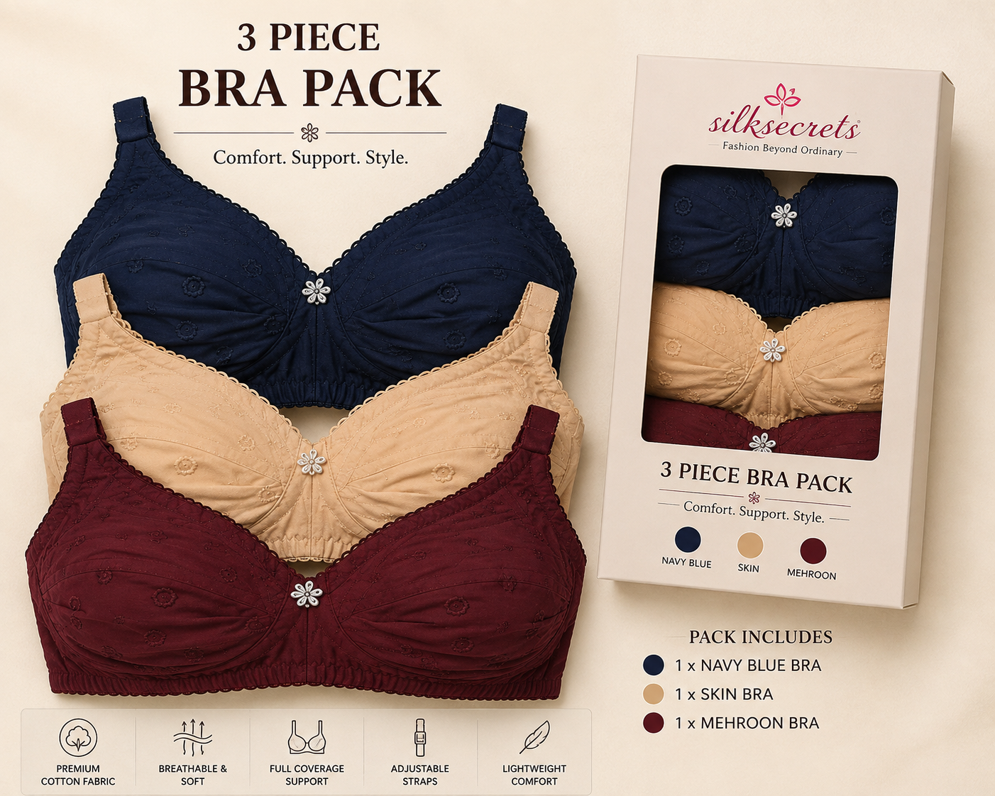 Premium Cotton Embroidered Bras – Pack of 3